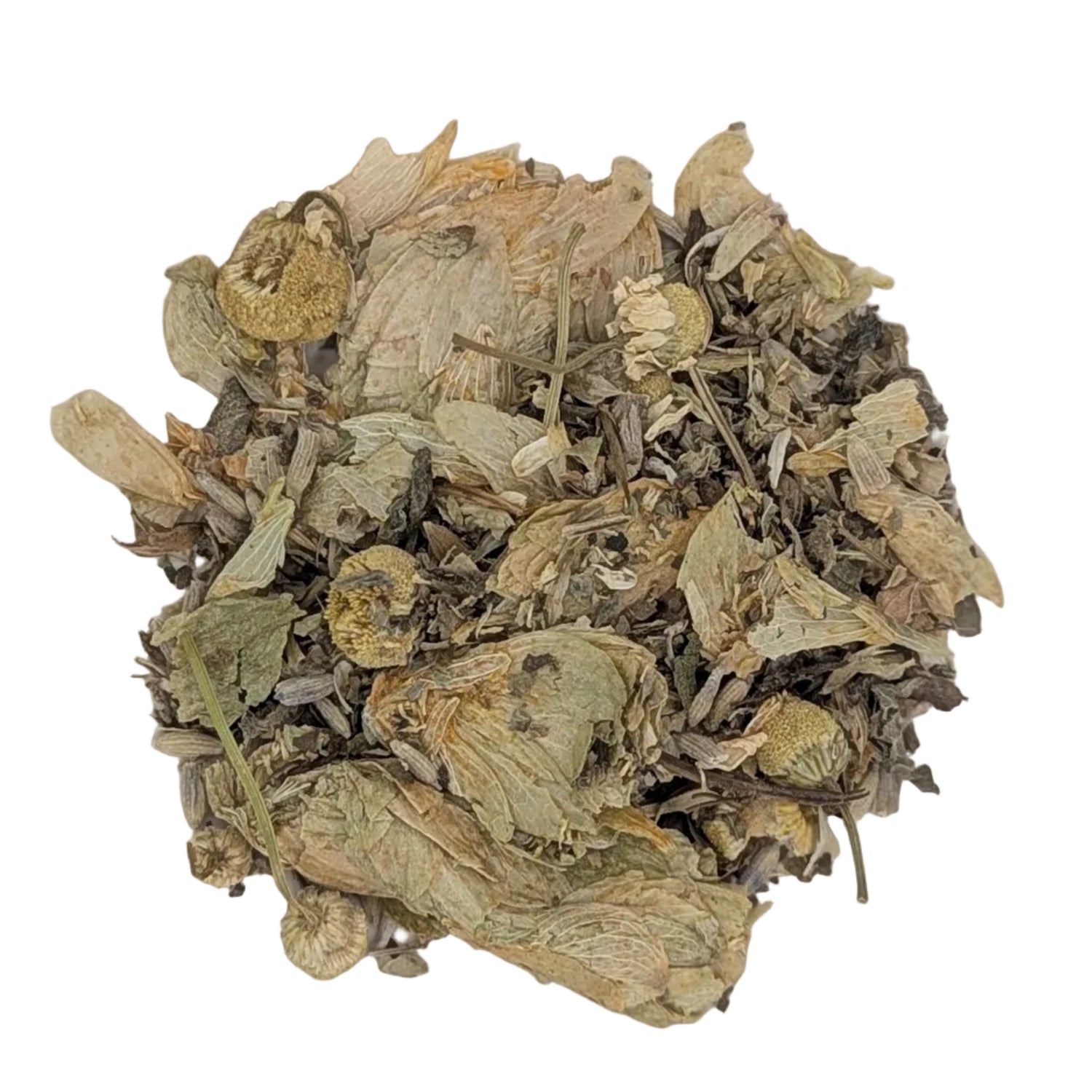 Dried herbal tea blend with dried flowers, leaves, and roots piled in a round off-white ceramic bowl on a white background.